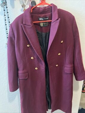 Zara Plum Double-Breasted Wool Pea Coat with Gold Buttons